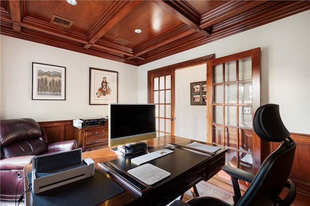 136 Adams Point Rd, Barrington, RI 02806 - home office with crown molding, coffered ceiling, wood ceiling with exposed beams, french doors, and a wainscoted wall