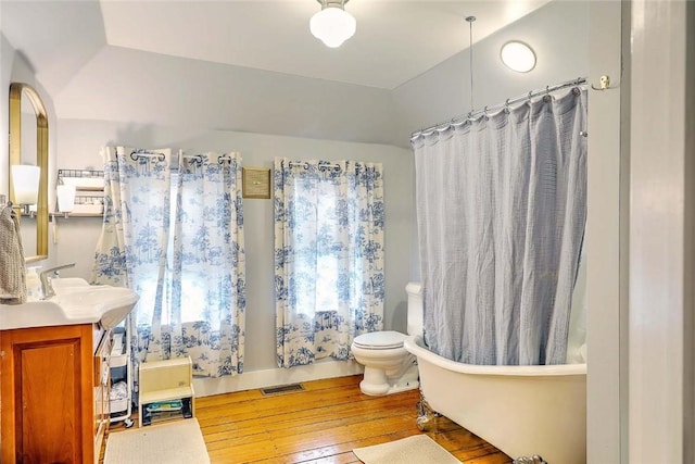 bathroom with hardwood / wood-style floors, toilet, and vanity