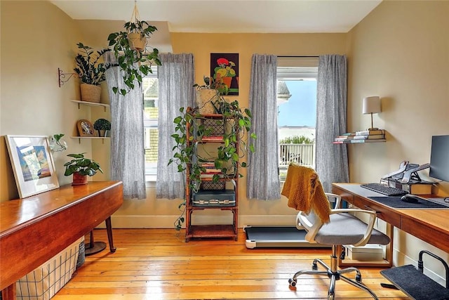 office area with plenty of natural light, hardwood / wood-style flooring, and baseboards