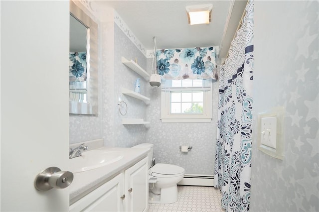 62 Vallette St, Cranston, RI 02920 - full bathroom with baseboard heating, wallpapered walls, toilet, vanity, and tile patterned flooring