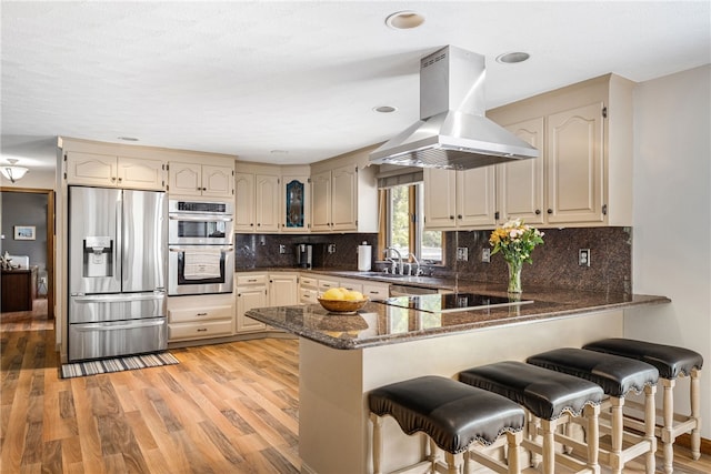 101 Nancy Ln, Burrillville, RI 02830 - kitchen featuring appliances with stainless steel finishes, island exhaust hood, a peninsula, light wood-style flooring, and a breakfast bar area