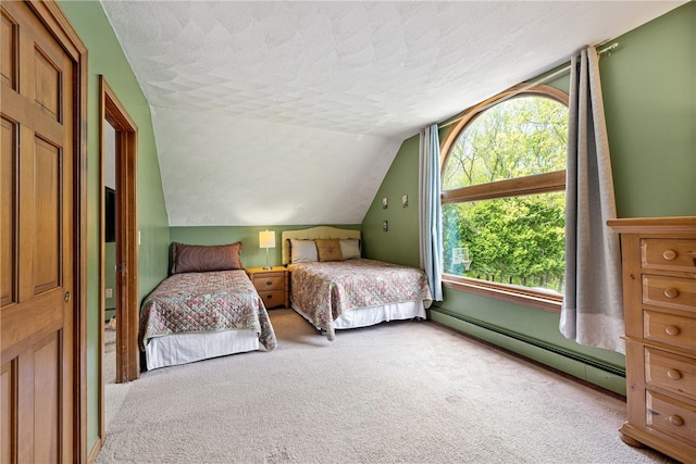 101 Nancy Ln, Burrillville, RI 02830 - bedroom featuring a baseboard heating unit, a textured ceiling, carpet, and lofted ceiling