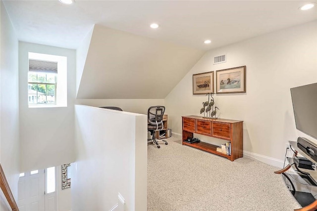 carpeted home office featuring recessed lighting, vaulted ceiling, and baseboards