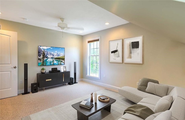 living area with light colored carpet, baseboards, recessed lighting, and a ceiling fan