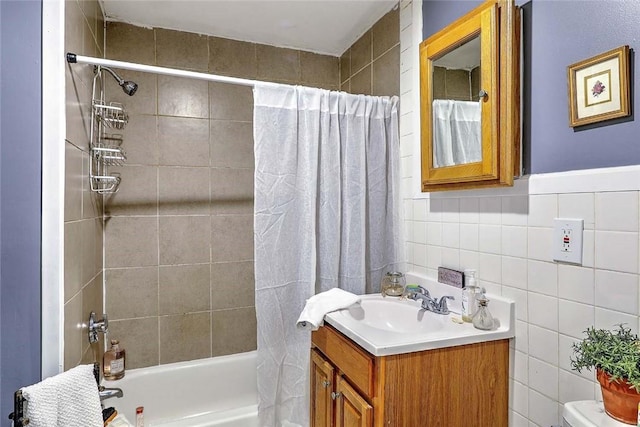 10 Westcott Ave Unit 1, Boston, MA 02124 - bathroom with shower / bath combo, vanity, tile walls, and toilet