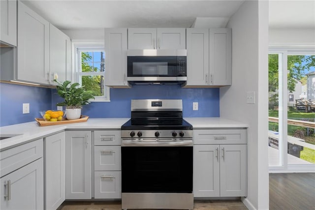 kitchen with stainless steel appliances, wood finished floors, and light countertops