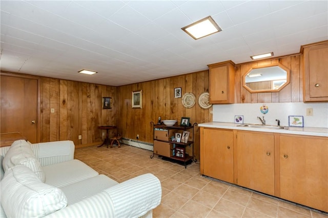 103 Carrs Pond Rd, West Greenwich, RI 02817 - living room featuring light tile patterned floors, a baseboard radiator, and wooden walls