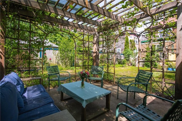view of patio / terrace featuring a pergola and a fenced backyard
