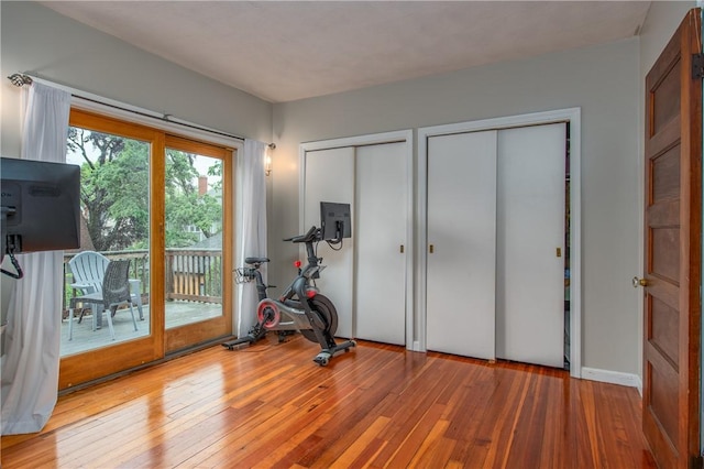 workout room with hardwood / wood-style floors