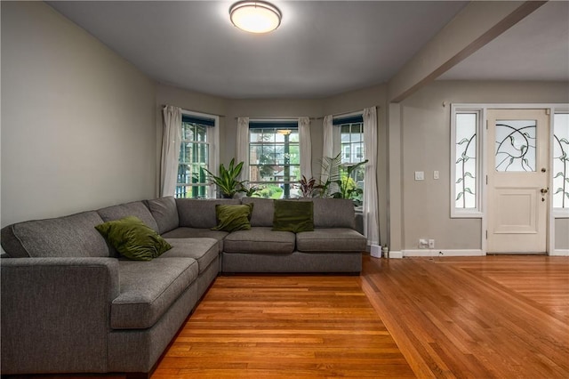 living area featuring wood finished floors and baseboards