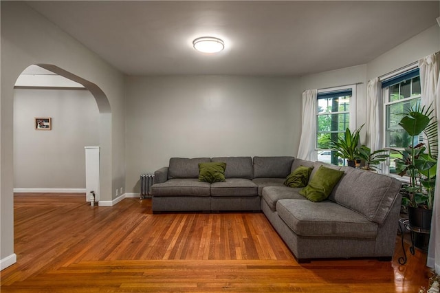 living area featuring arched walkways, baseboards, wood finished floors, and radiator heating unit