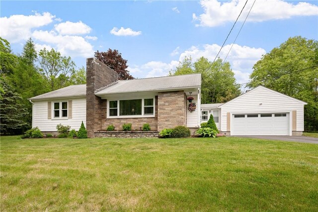 696 Central St, Burrillville, RI 02839 - view of front facade with a chimney, driveway, a front yard, and stone siding