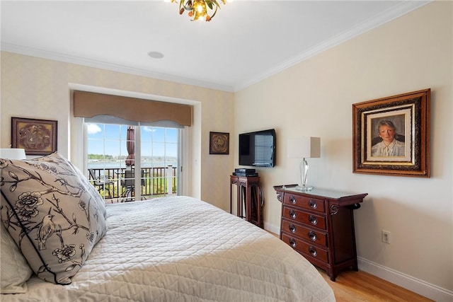 43 Waters Edge, Tiverton, RI 02878 - bedroom with access to outside, baseboards, light wood-style floors, and crown molding