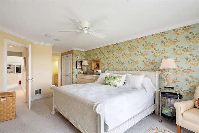 43 Waters Edge, Tiverton, RI 02878 - bedroom with wallpapered walls, ornamental molding, a closet, baseboards, and light colored carpet