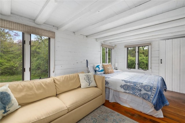 4 Ottawa Trl, Narragansett, RI 02882 - bedroom featuring wood finished floors, wooden walls, and beam ceiling