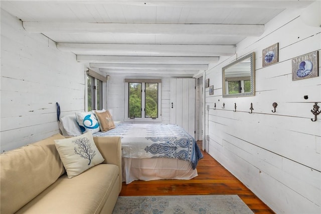 4 Ottawa Trl, Narragansett, RI 02882 - bedroom featuring wood walls, wood finished floors, and beamed ceiling