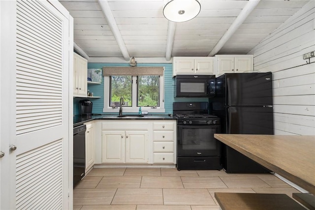 4 Ottawa Trl, Narragansett, RI 02882 - kitchen featuring black appliances, a sink, dark countertops, white cabinets, and wooden ceiling
