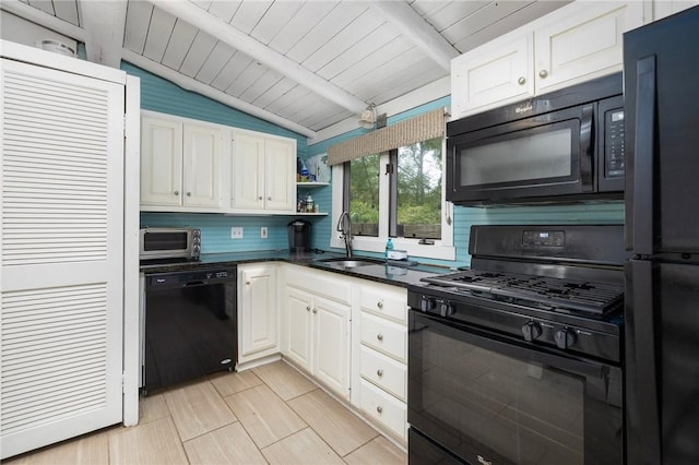 4 Ottawa Trl, Narragansett, RI 02882 - kitchen with black appliances, a sink, white cabinets, wood ceiling, and open shelves