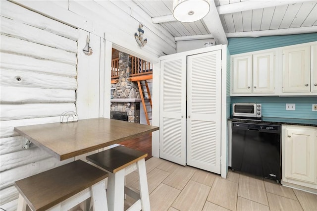 4 Ottawa Trl, Narragansett, RI 02882 - kitchen with black dishwasher, beamed ceiling, wood ceiling, and dark countertops
