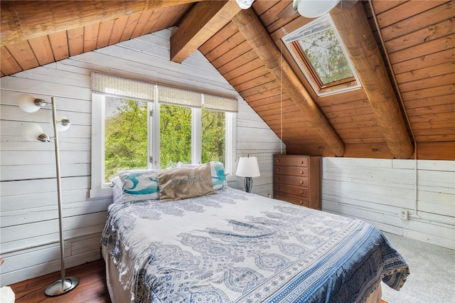 4 Ottawa Trl, Narragansett, RI 02882 - bedroom featuring wooden ceiling, wood walls, and a skylight