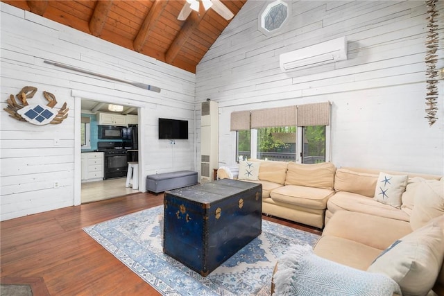 4 Ottawa Trl, Narragansett, RI 02882 - living room featuring wooden walls, wood ceiling, high vaulted ceiling, wood finished floors, and a ceiling fan