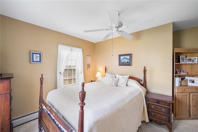 146 Bay View Ave, Bristol, RI 02809 - bedroom with a baseboard heating unit, light carpet, and ceiling fan
