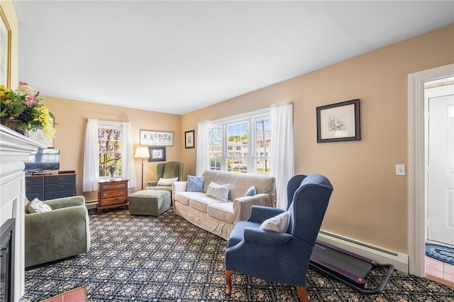 146 Bay View Ave, Bristol, RI 02809 - living area featuring baseboard heating, a fireplace with flush hearth, and carpet flooring