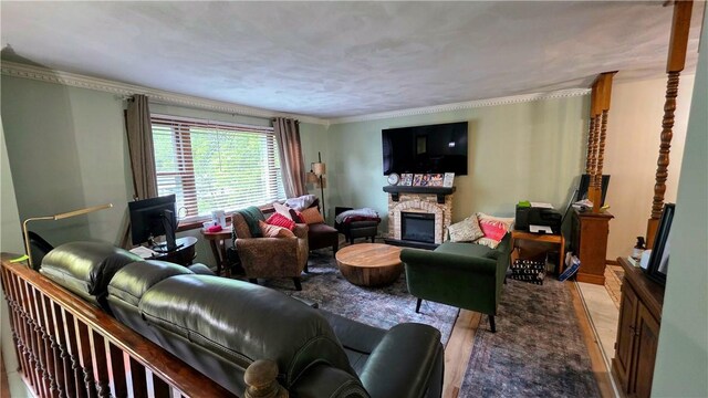 22 Winsor Ave, Johnston, RI 02919 - living area with a stone fireplace, wood finished floors, and crown molding