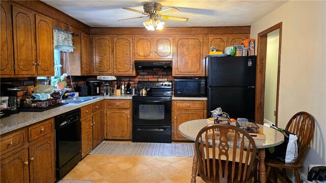 22 Winsor Ave, Johnston, RI 02919 - kitchen featuring black appliances, exhaust hood, brown cabinetry, and a sink