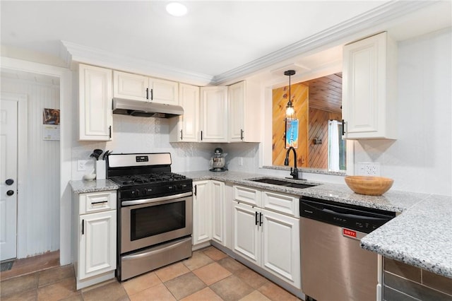 37 Charles St, Barrington, RI 02806 - kitchen featuring stainless steel appliances, under cabinet range hood, a sink, light stone counters, and white cabinetry