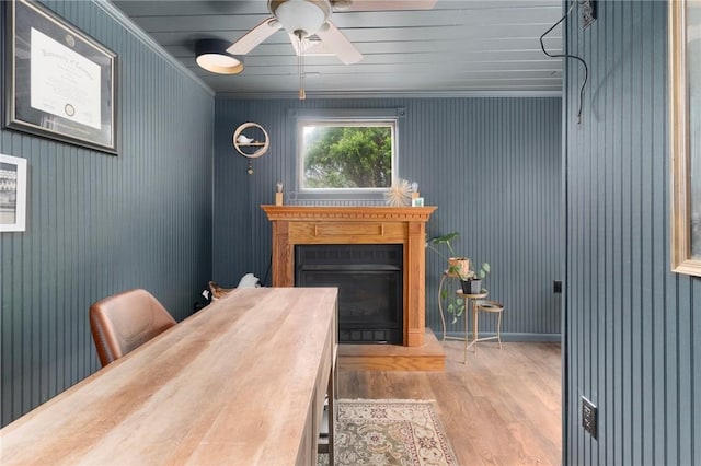 37 Charles St, Barrington, RI 02806 - office space featuring wood finished floors, ornamental molding, a fireplace with raised hearth, and ceiling fan