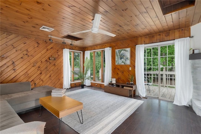 37 Charles St, Barrington, RI 02806 - living area featuring wooden ceiling, a ceiling fan, wood walls, and hardwood / wood-style floors