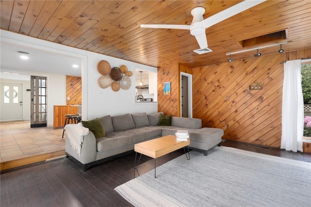 37 Charles St, Barrington, RI 02806 - living room with wooden walls, wooden ceiling, a ceiling fan, and wood finished floors