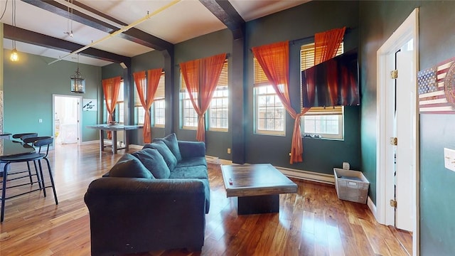 living area featuring beam ceiling, wood finished floors, baseboards, and baseboard heating