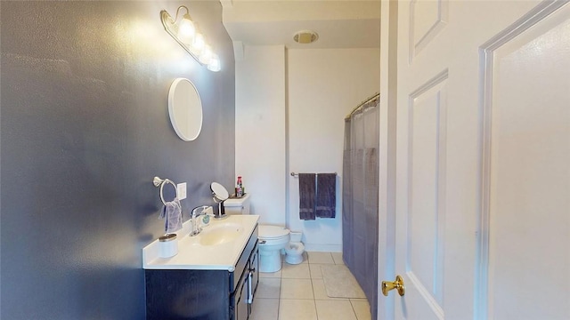 full bathroom with tile patterned flooring, toilet, vanity, and a shower with curtain