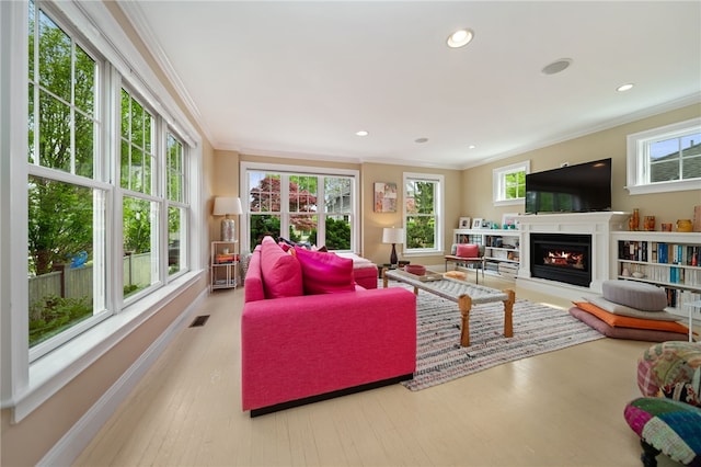 9 Casey Ct, Newport, RI 02840 - living area with ornamental molding, wood finished floors, a warm lit fireplace, healthy amount of natural light, and recessed lighting