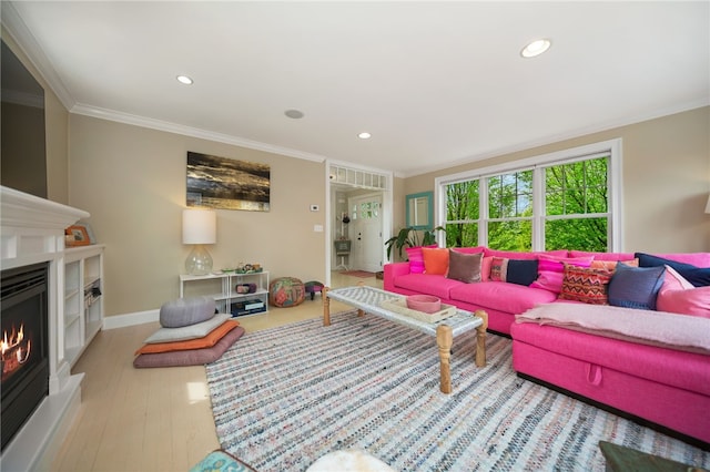 9 Casey Ct, Newport, RI 02840 - living area with ornamental molding, a warm lit fireplace, wood finished floors, recessed lighting, and baseboards