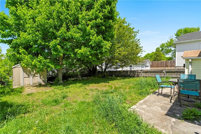 view of yard with a storage unit, an outbuilding, and a patio