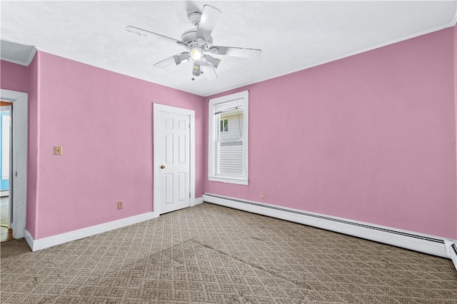unfurnished bedroom with baseboard heating, carpet floors, baseboards, ceiling fan, and crown molding