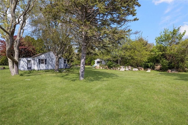 view of green lawn with an outbuilding and view of scattered trees