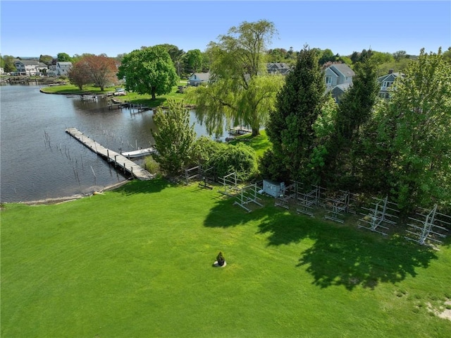 view of yard featuring a water view and a boat dock