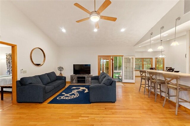 6 Windward Cir, Narragansett, RI 02882 - living area with high vaulted ceiling, light wood-style flooring, recessed lighting, and a ceiling fan