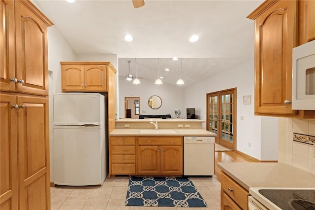 6 Windward Cir, Narragansett, RI 02882 - kitchen featuring white appliances, a sink, a peninsula, a ceiling fan, and light tile patterned floors