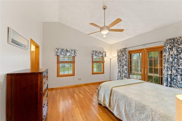6 Windward Cir, Narragansett, RI 02882 - bedroom featuring french doors, lofted ceiling, light wood finished floors, baseboards, and a ceiling fan