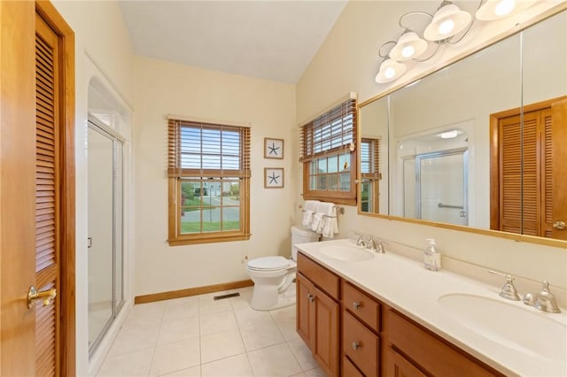 6 Windward Cir, Narragansett, RI 02882 - full bathroom with a closet, a stall shower, double vanity, toilet, and baseboards