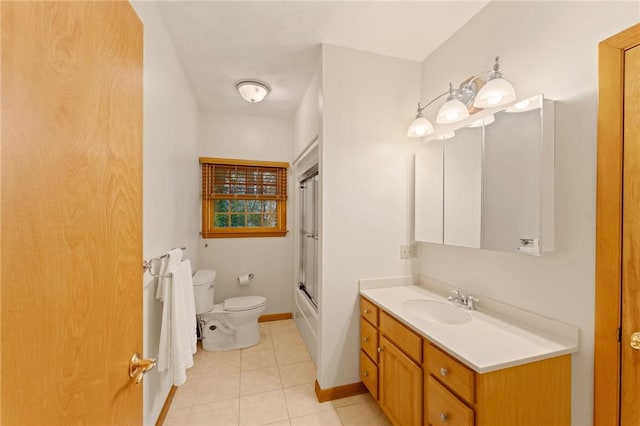 6 Windward Cir, Narragansett, RI 02882 - bathroom featuring toilet, vanity, tile patterned floors, baseboards, and shower / bath combination with glass door