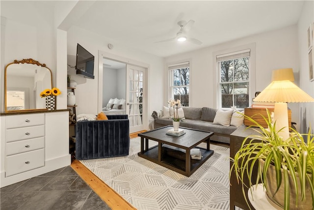 33 Marsh St Unit 1, Newport, RI 02840 - living room with ceiling fan and dark tile patterned floors