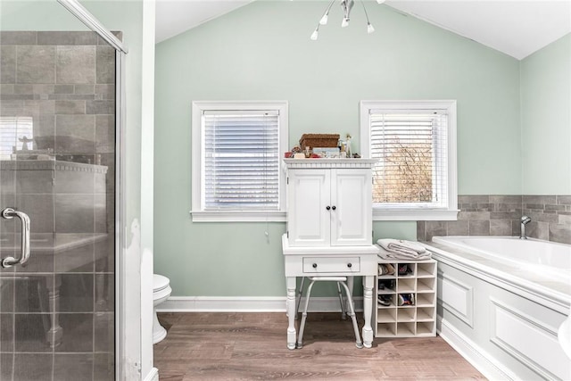 full bathroom with lofted ceiling, wood finished floors, a shower stall, and toilet