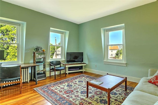 living room with plenty of natural light, wood finished floors, and baseboards