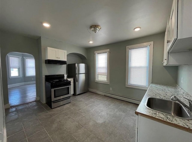 184 Wadsworth St, Providence, RI 02909 - kitchen featuring appliances with stainless steel finishes, a sink, a baseboard heating unit, under cabinet range hood, and light countertops